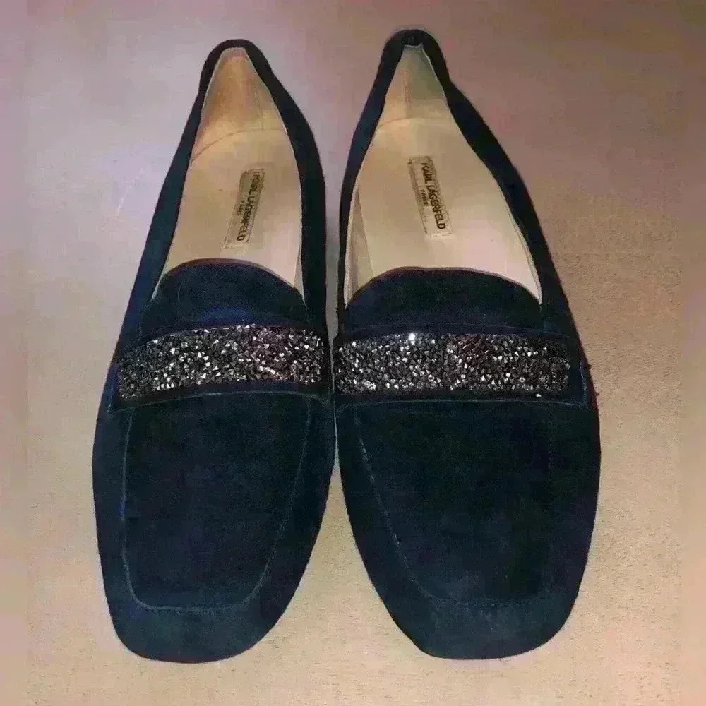 Karl Lagerfeld Paris Quincy Loafers Black Suede Crystal Embellished Size 8,5 M